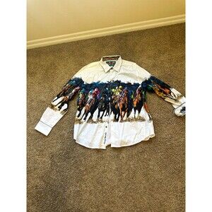 Ralph Marlin Western Horse Graphic Print Button-Front Shirt White 3XL